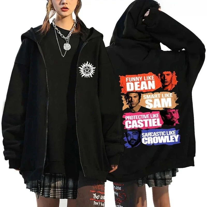 Programa de televisión sobrenatural Merch Zip Up mujeres/hombres Sudadera con capucha Winchester Sam y Dean cremallera chaqueta con capucha chándal Casual