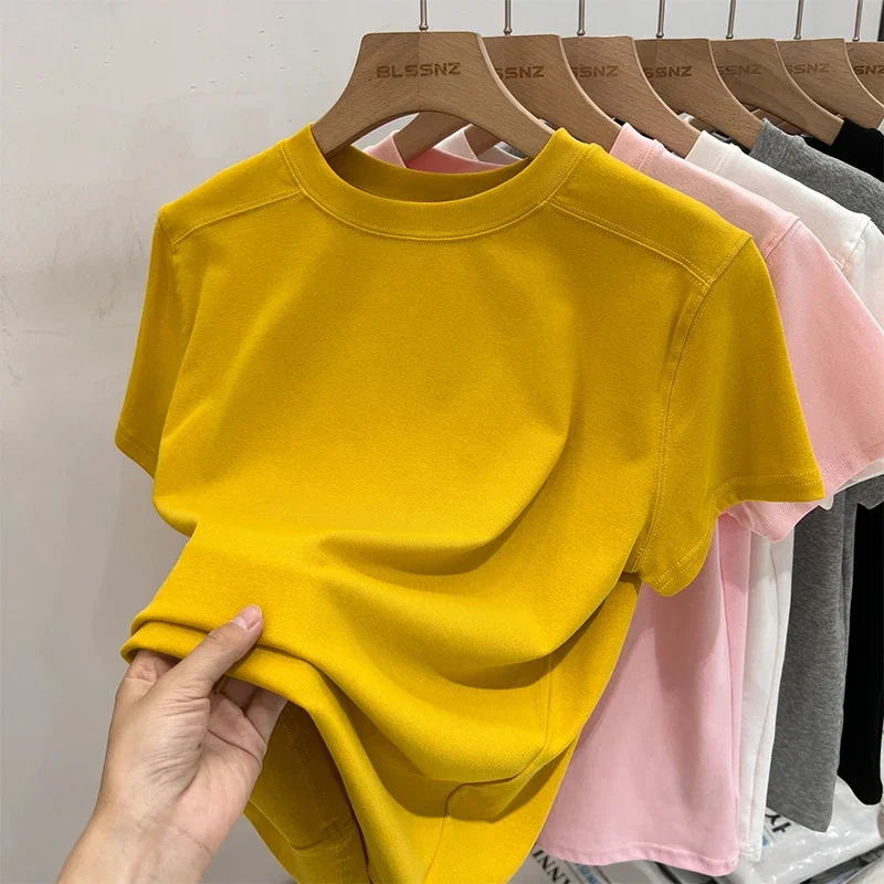 지아이스 솔리드 베이직 반팔 여성 티셔츠 2025 캐주얼 루즈 O넥 패션 탑 티셔츠 여성 한국 티셔츠 스트릿웨어