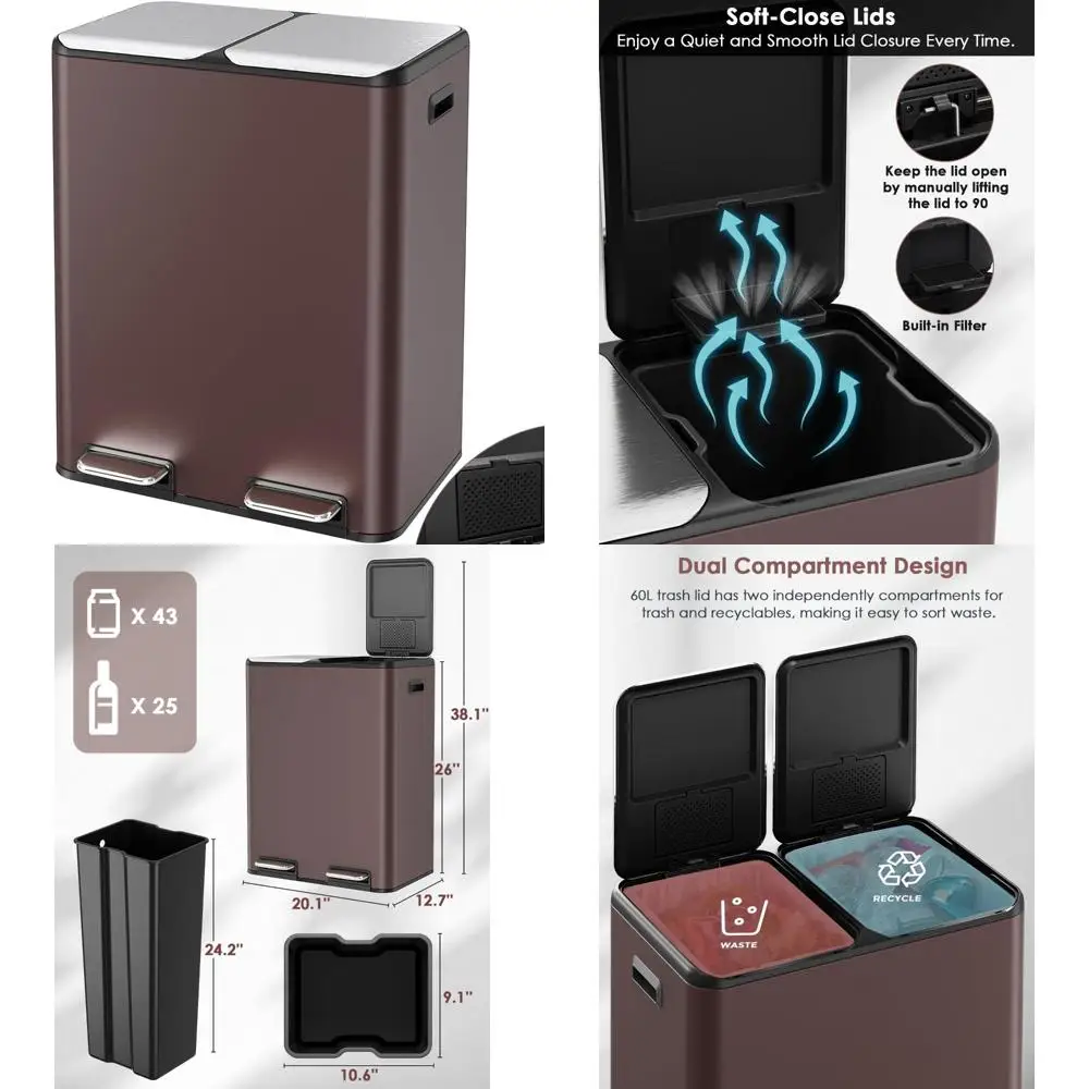 سلة مهملات مزدوجة Arlopu سعة 16 جالون مع صندوق مدمج للتحكم في الرائحة، سلة قمامة المطبخ بدون استخدام اليدين، سلة مهملات إعادة التدوير، إغلاق ناعم