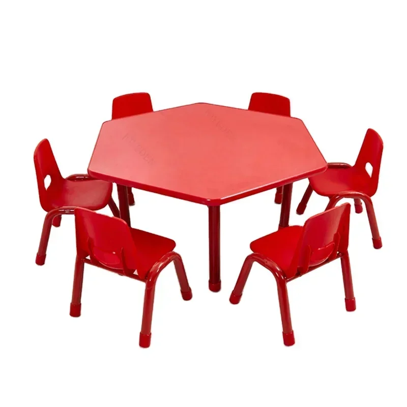 

Hot sale colorful kids hexagon table preschool kindergarten furniture wooden with chairs