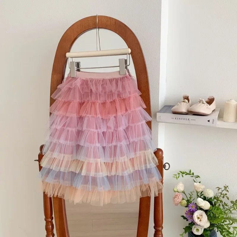Groothandel Mesh Regenboog Gelaagde Jurk Prinses Baljurk Lieve Rok Kleine Meisjes Tutu Rokken Ballet Dans Kids Party Dagelijkse Rok
