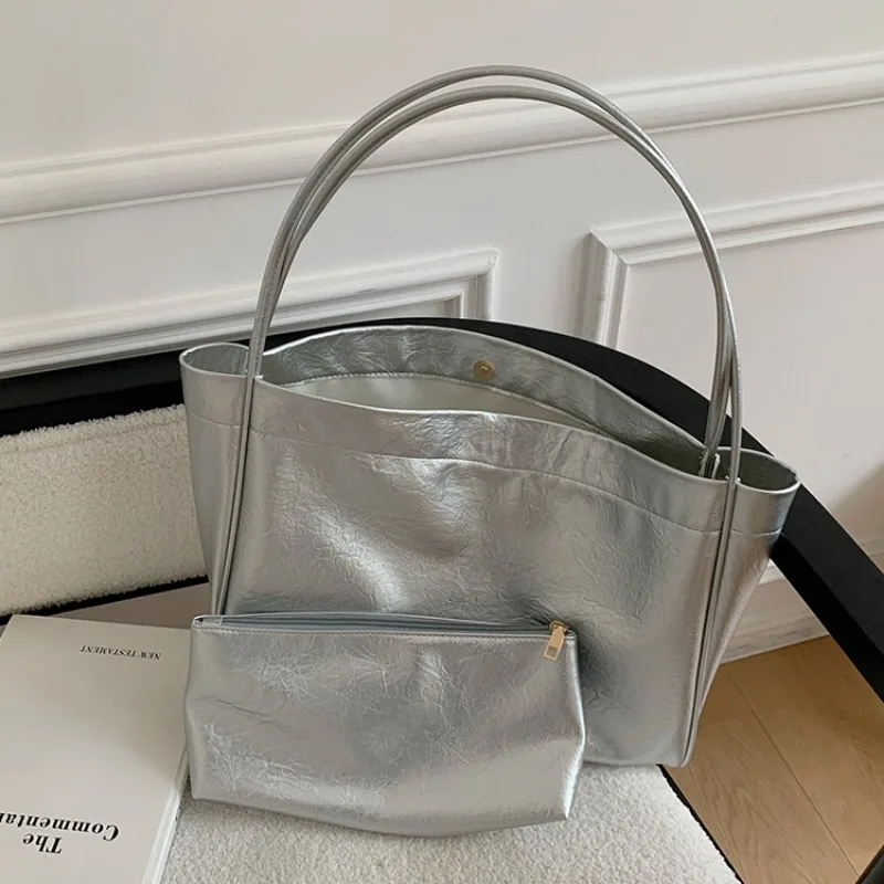 MBTI Silver Vintage Womens Tote Bag Large Capacity Korean Fashion Elegant Shoulder Bag Shopper Casual Daily Aesthetic Handbag