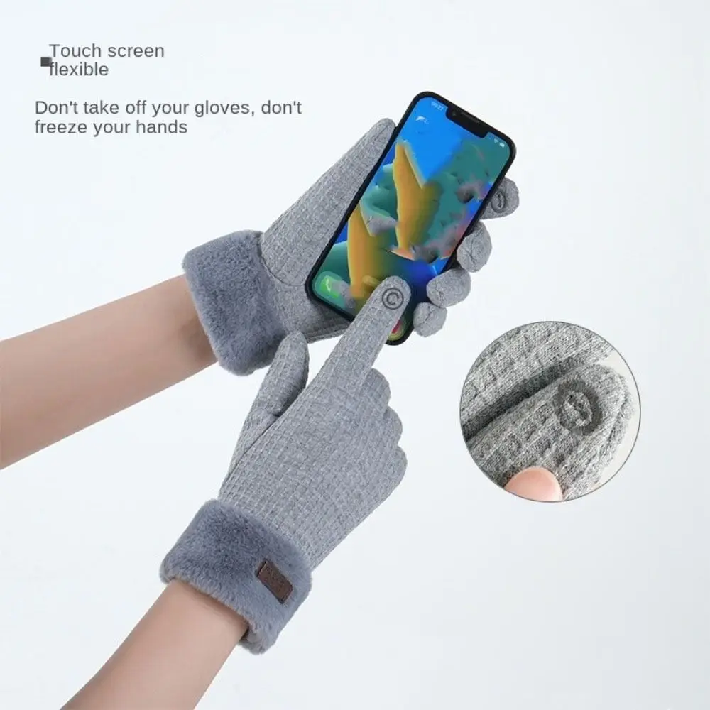 New Thicken Full Finger Gloves Cold-proof Waffle Pattern Touch Screen Gloves Furry Solid Colors Women Gloves