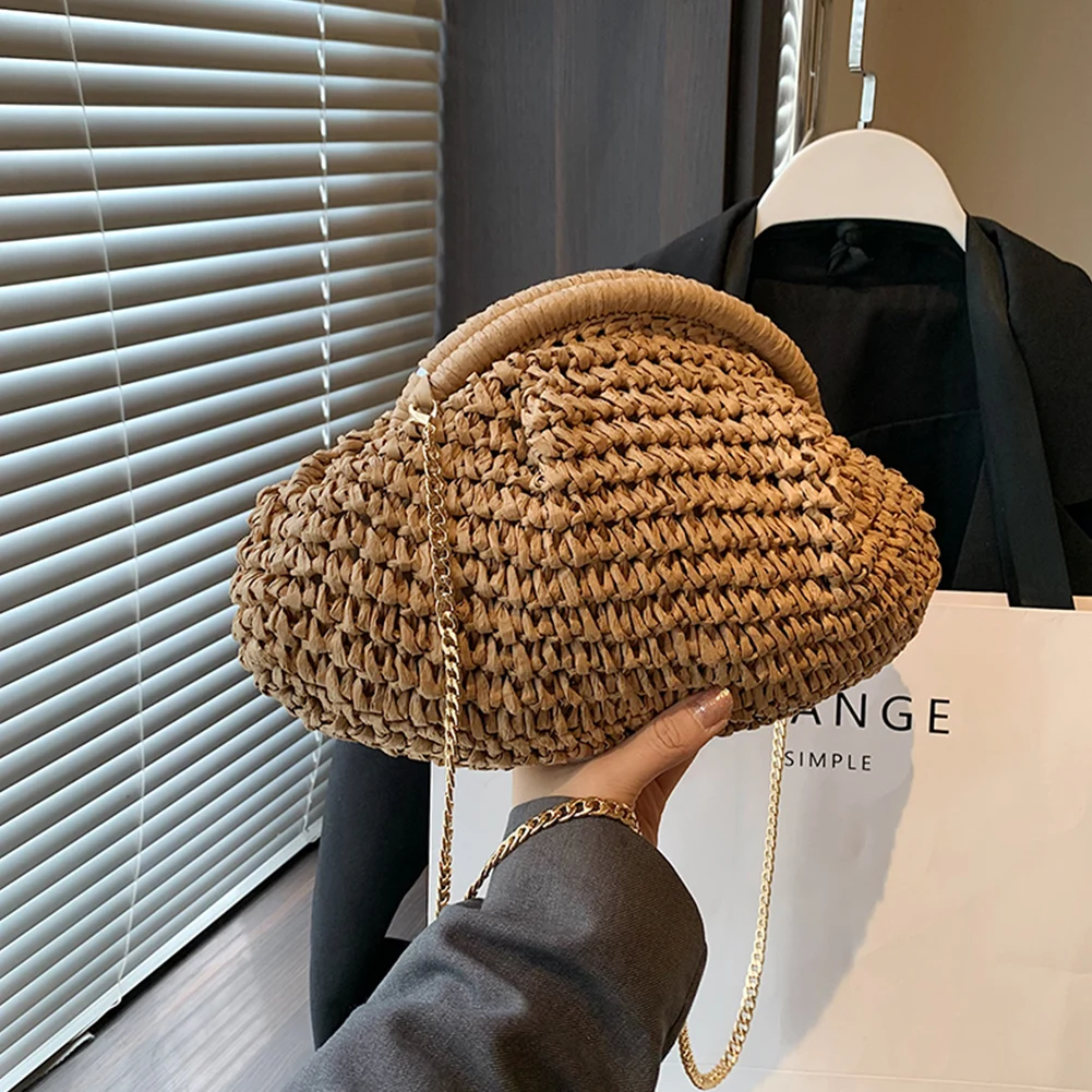 

Women Straw Woven Bag Chain Strap Woven Dumpling Bag Large Capacity Stylish Crossbody Bag Solid Color for Party Vacation