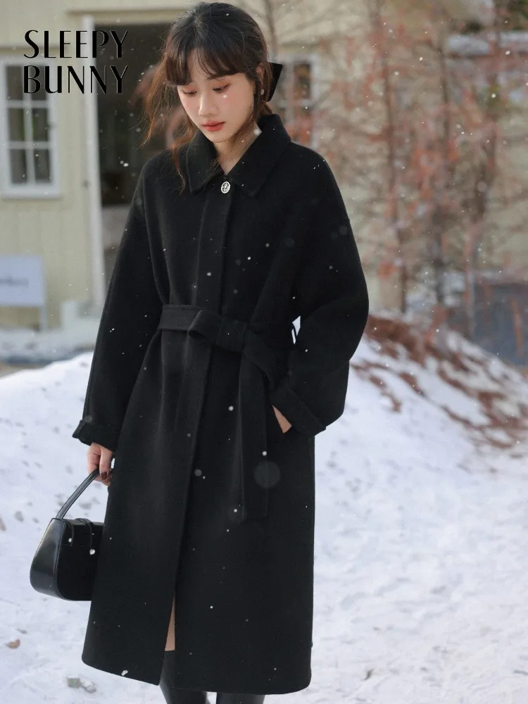 

Women Elegant Wool Overcoat Classic Double-Faced Black Coat Retro Autumn Winter Long Slim Fit Fashionable Outerwear for Ladies
