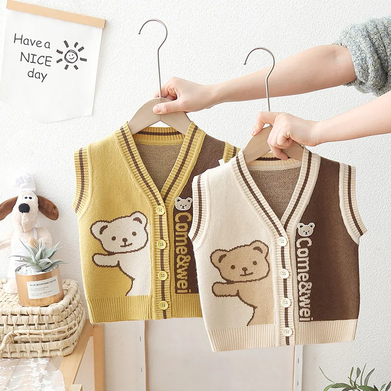 Baby Girl's Open Front Knit Sweater Vest, Sleeveless Cardigan, Cute Bear, Fashionable Casual, Trendy, Infant Top, New, 2024