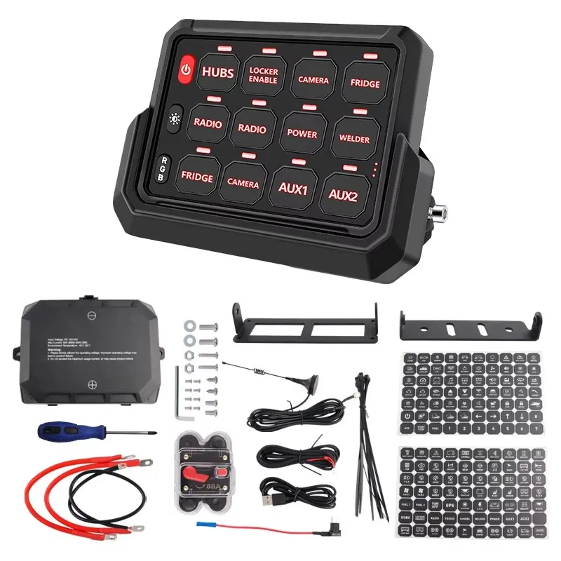 12 Gang Wireless Panel  Automotive Marine  Boat 12V Car Switch Panel Adjustable RGB Color for Marine SUV UTV Pickup Trucks