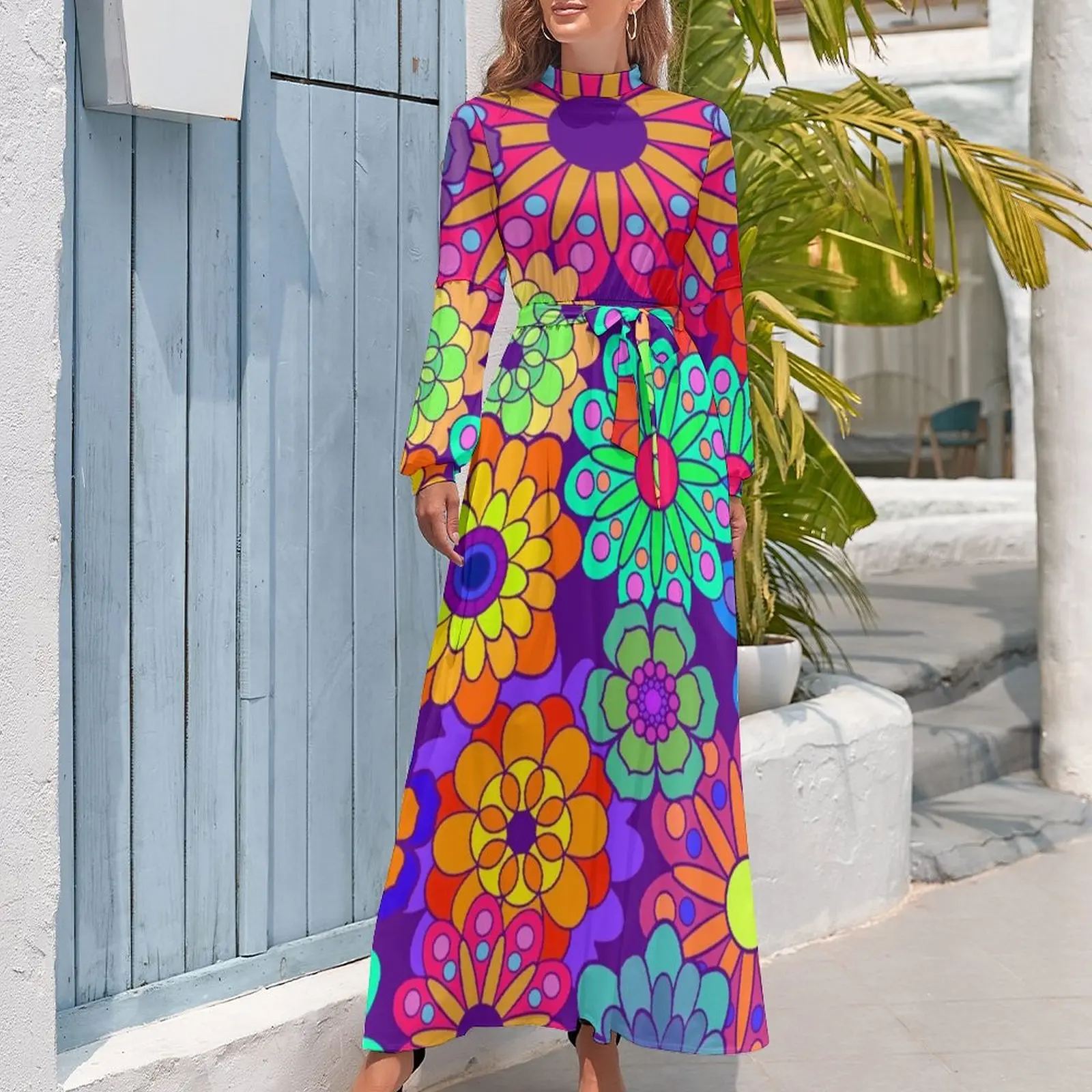 70S Flower Power Dress collo alto Retro Hippy Print Pattern Boho Beach Dresses manica lunga Basic Long Maxi Dress abbigliamento Kawaii