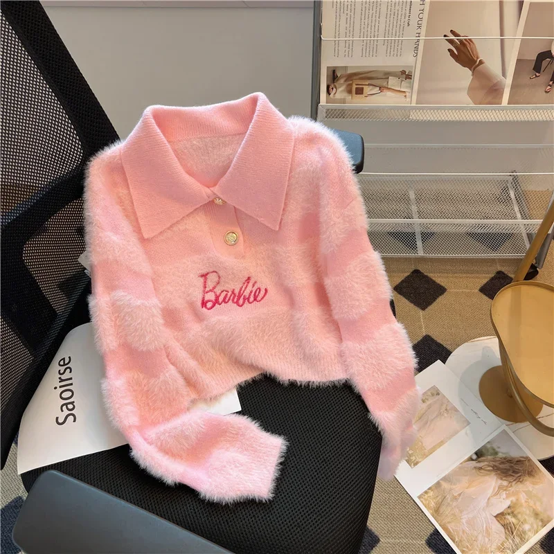 Barbie Polo Collar Striped Sweater Girl\'s Autumn Winter Lazy Loose Bottoming Anime Kawaii Sweater Short Letter Embroidered Top