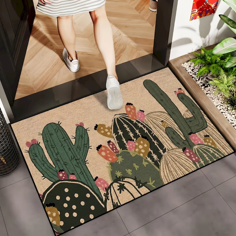 VIKAMA colorful potted cactus printed floor mat, entrance anti slip and absorbent door mat, indoor soft carpet, home decoration