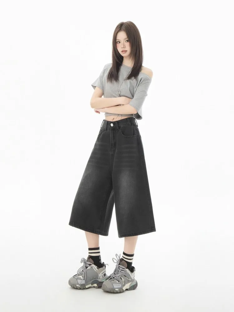 REDDACHiC Acubi แฟชั่นผู้หญิงเบอร์มิวดากางเกง Clean Fit Casual PLAIN หนวดขากว้างสีดํา Jean กางเกงขาสั้น Punk VINTAGE Streetwear