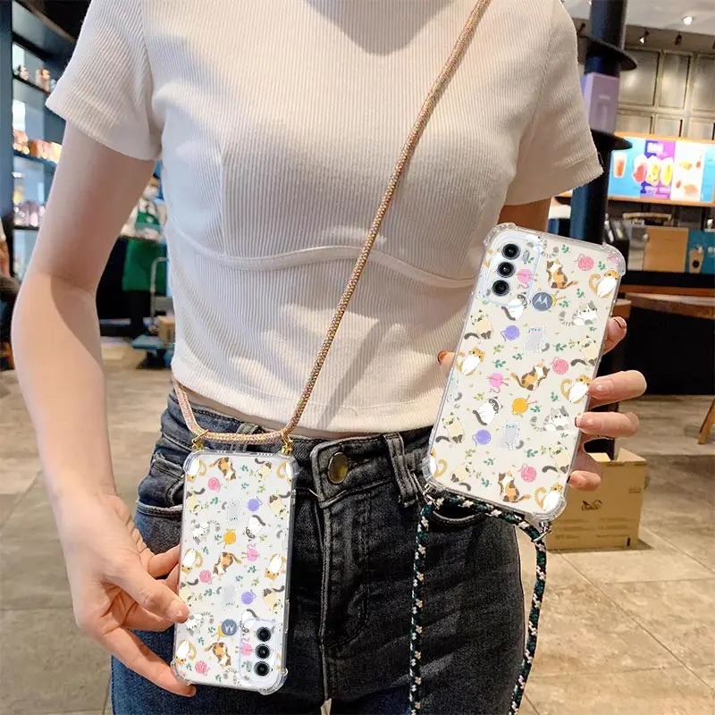 Simple Cat Transparent Crossbody Lanyard Phone Case For Motorola Moto G60 G42 G82 G53 G40F G20 G30 G22 G52 E20 G8 G9 Power Cover