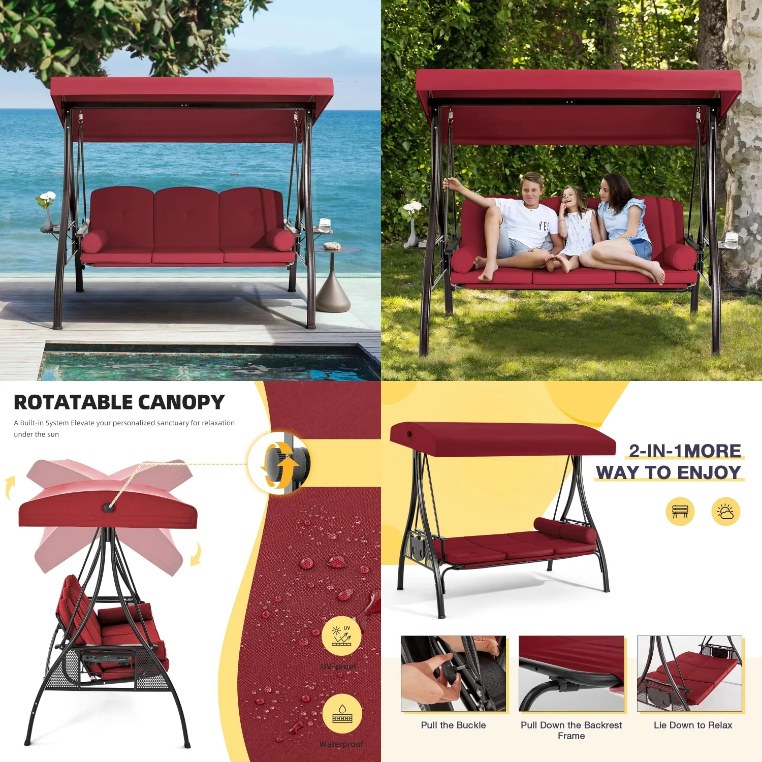 

3 Person Outdoor Porch Swing with 1.5" Upgraded Cup Holder, Adjustable Canopy, Backrest, Patio Swing Bed with, Customized