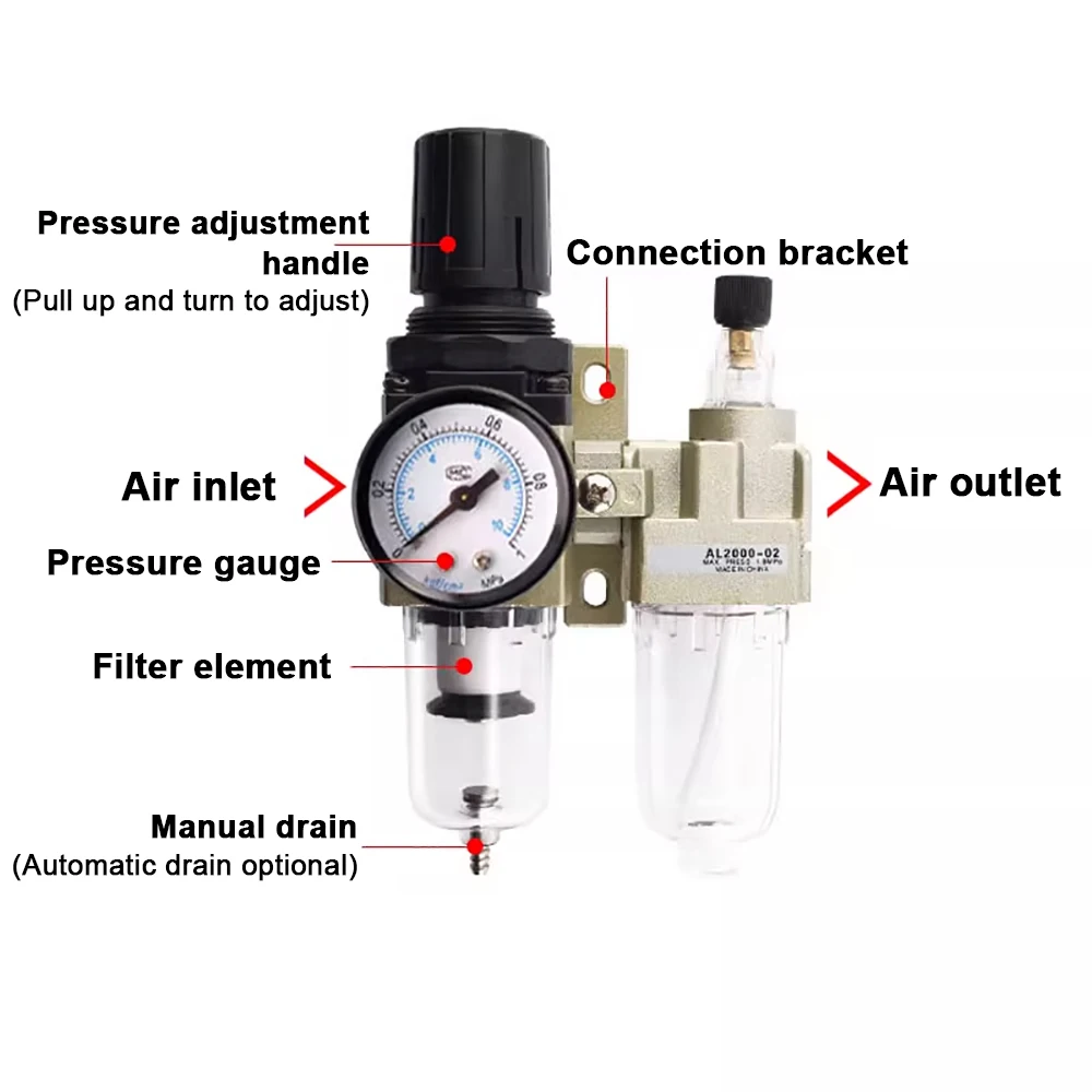 

AC2010-02 AC2010-02D Pneumatic Pressure Regulator Oil Water Separator Manual Drainage Compressor Air Filter Moisture