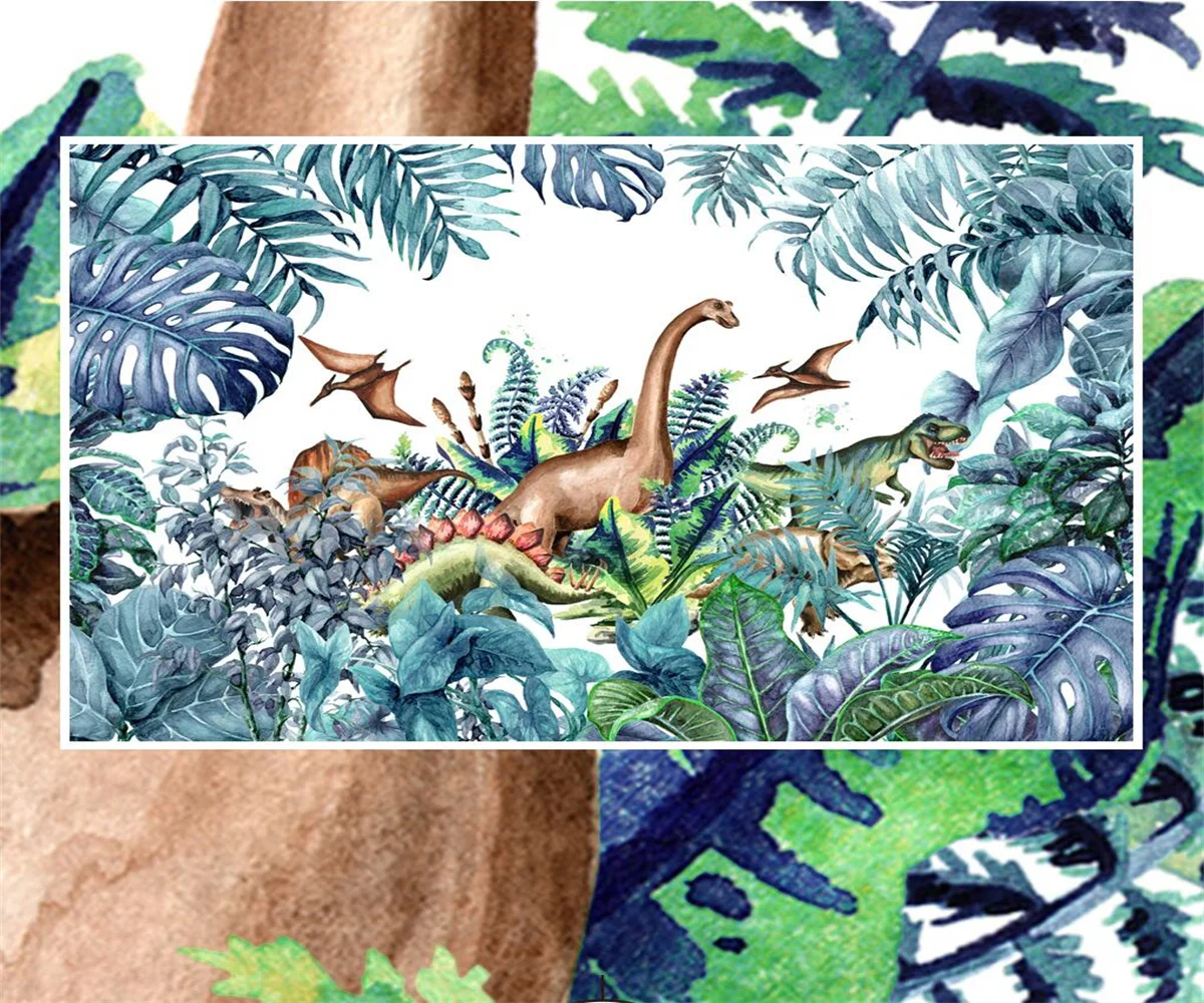 

Custom Wallpaper hand-painted tropical plants cartoon dinosaur era children's room background wall home decoration 3D Wallpaper