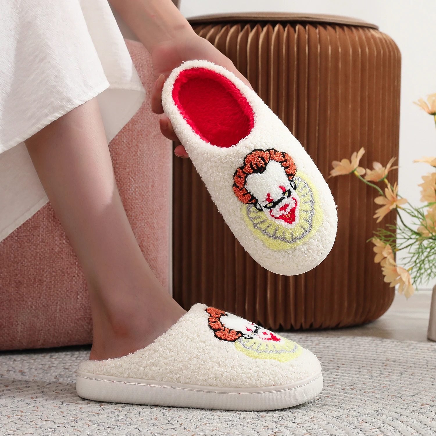 مهرج نمط التطريز أفخم المنزل سميكة سوليد النعال المريحة أسلوب فاسق شبشب منزل هدايا الهالوين للرجال والنساء #6