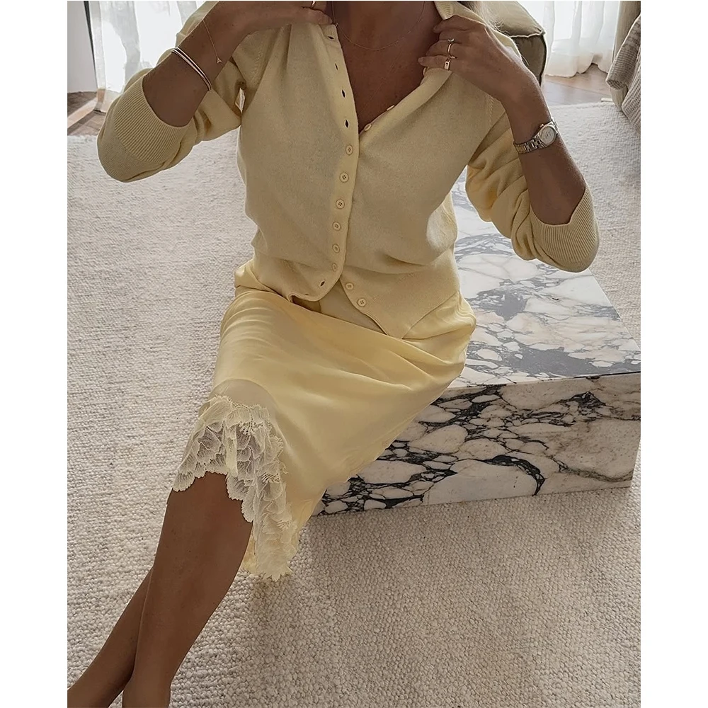 

Women Fairycore Silk Satin Half Slip Long Skirts Lace Patchwork Elastic Waist Long Skirts Elegant Silky Flowy A Line Midi Skirts