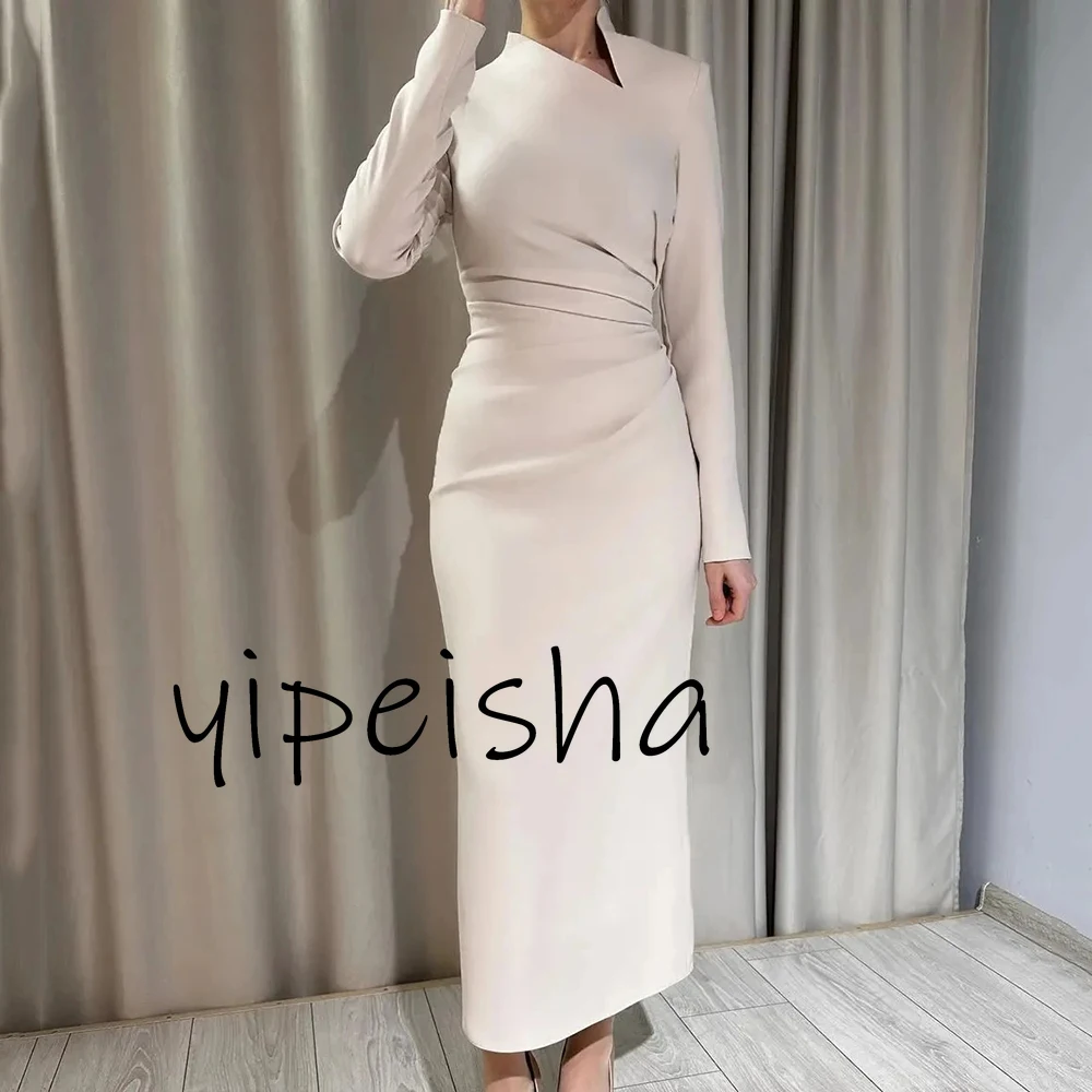 Customized Fashion Elegant High Neck Jersey Evening Dresses Straight Long Sleeves Ruched Ankle Length Formal Party Dresses