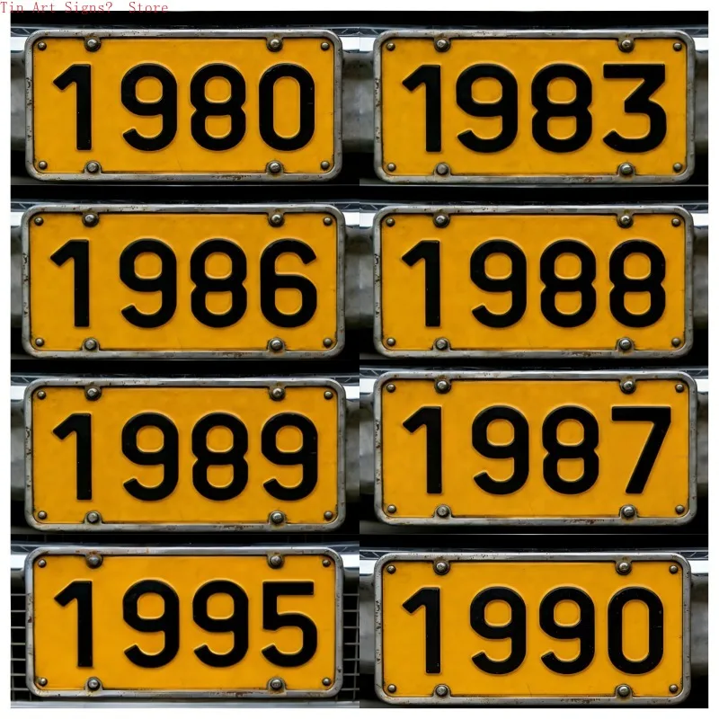 Vintage 1980-1995 Year Number License Plate Metal Tin Sign HD Print Bendable Aluminum Sign Weather Resistant Retro Yellow Car Pl