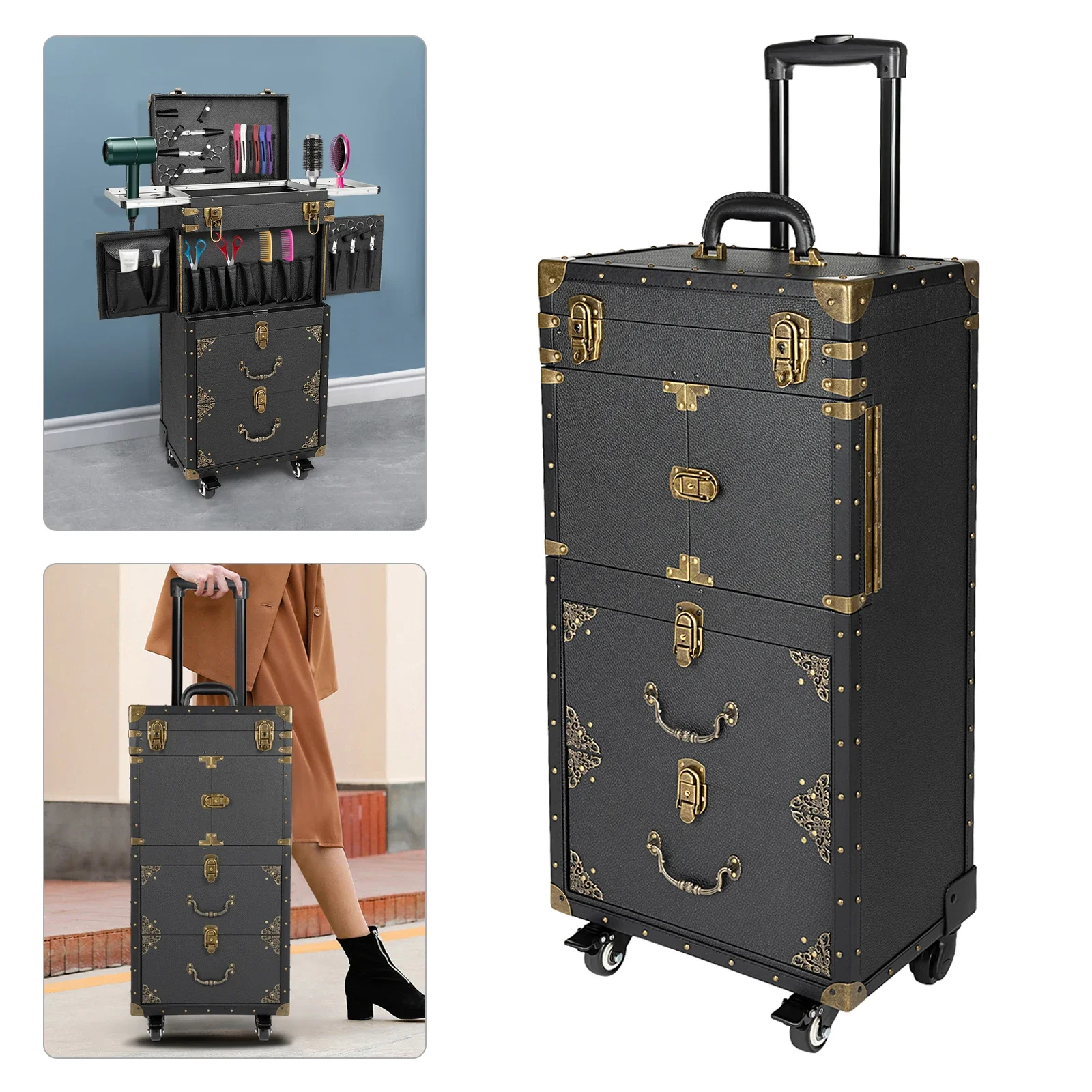 3 Tiers Locking Rolling Beauty Salon Toolbox, Makeup Case Trolley Luggage w/ Hairdryer Stand,Beauty Salon Storage Toolbox