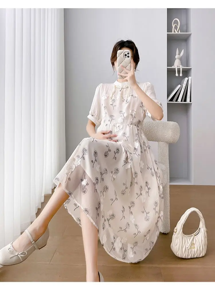 Pregnant Woman Plus Size Floral Dress with Lining Fashion Embroidery Maternity Organza Dress Chinese Style Pregnancy Cheongsam