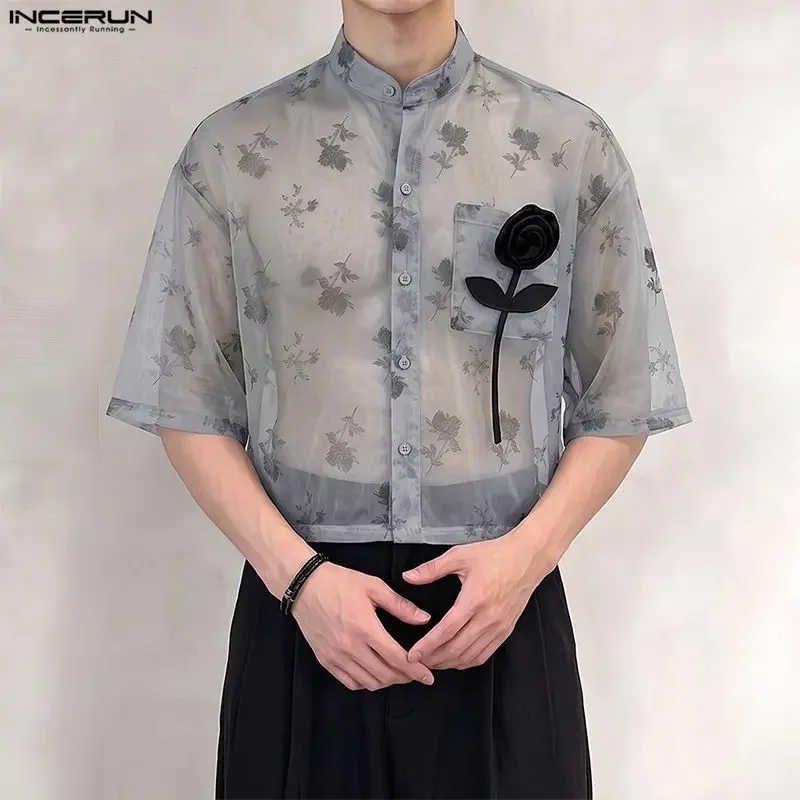 INCERUN Men's Shirt Printing Flower Lapel Short Sleeve Mesh See Through Men Clothes Streetwear 2026 Loose Fashion Tops For Man