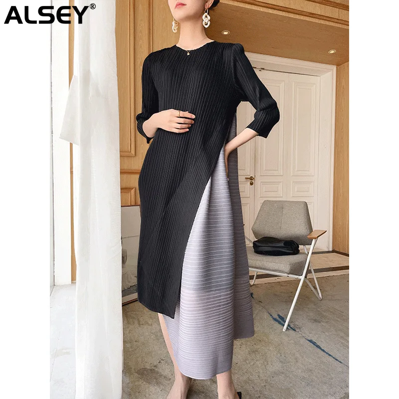 

ALSEY Miyake Pleated Elegant Dress Spring and Summer New Round Neck Korean Style Colorblocking Loose Plus Size Slim Dresses