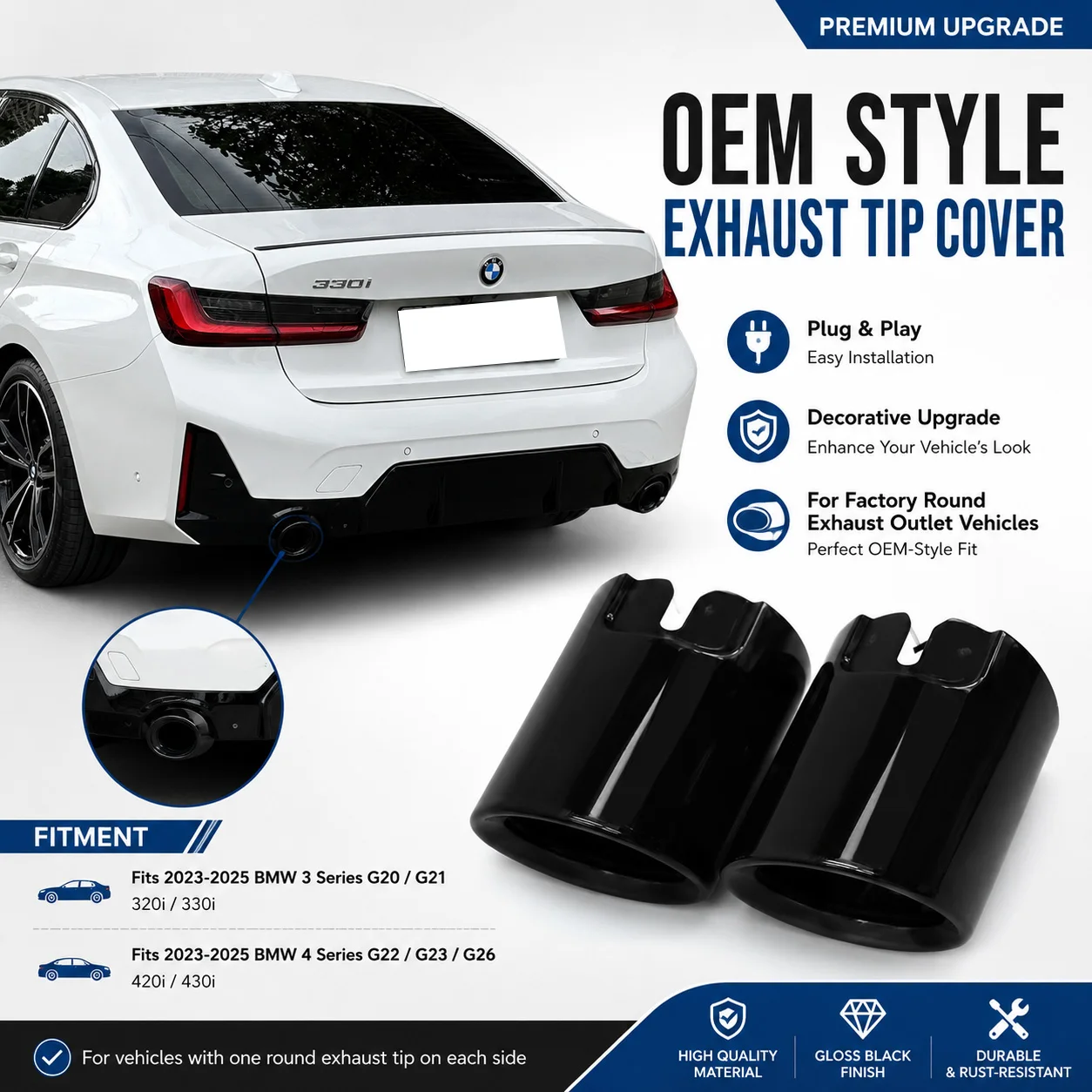 2 PCS Gloss Black Exhaust Muffler Tip Cover For BMW G20 G21 2023-2025 LCI 320i 330i Stainless Steel Tailpipe