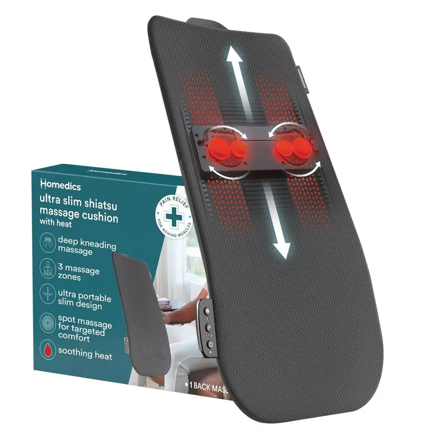 

Ultra Slim Shiatsu Massage Cushion with Heat Full Back Coverage, Deep Kneading Massage, 3 Zone Control Upper Lower Full, Soothin