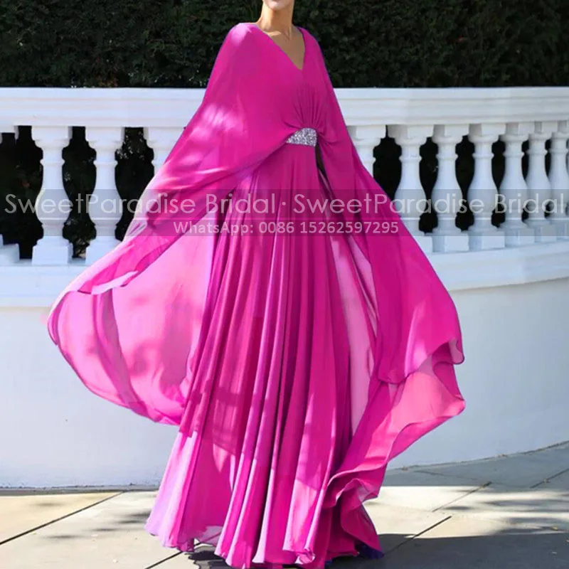 A Line Long Cloak Mother of the Bride Dresses Customized Beaded Sequins V Neck Hot Pink Chiffon Evening Dress Party For Women