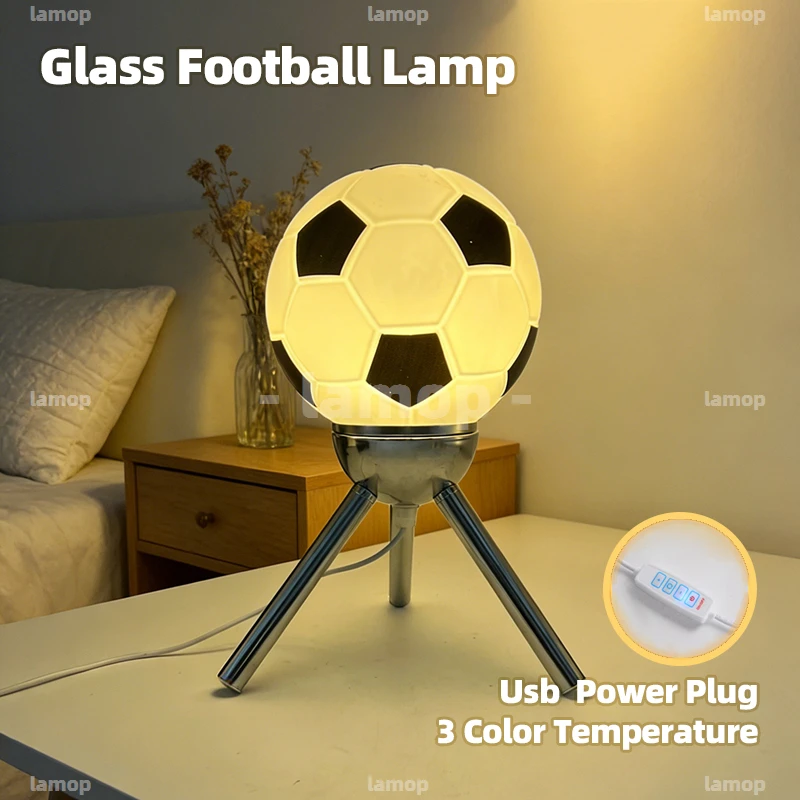 Glass Soccer‑GeoSphere Shade Table Lamp Youth‑Dynamic 3 Tone Mild Radiance Bedside Game‑Nook Study Shelf Decor