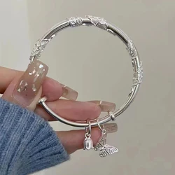 Chinese Style Floral Butterfly Push Pull Adjustable Bangle Heart Shaped Bamboo Link Flower Bud Opening Bracelet Fashion Jewelry