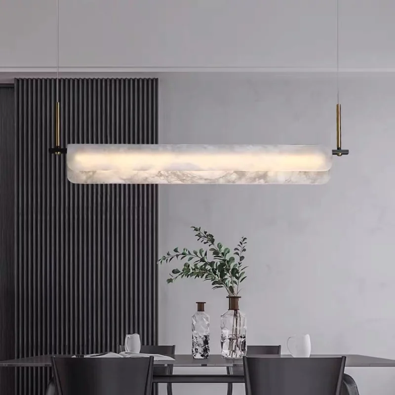 Natural Marble Long Strip Lamp Modern Minimalist Bar Table LED Chandelier Luxury H65 Copper Hotel Restaurant Decoration Lights