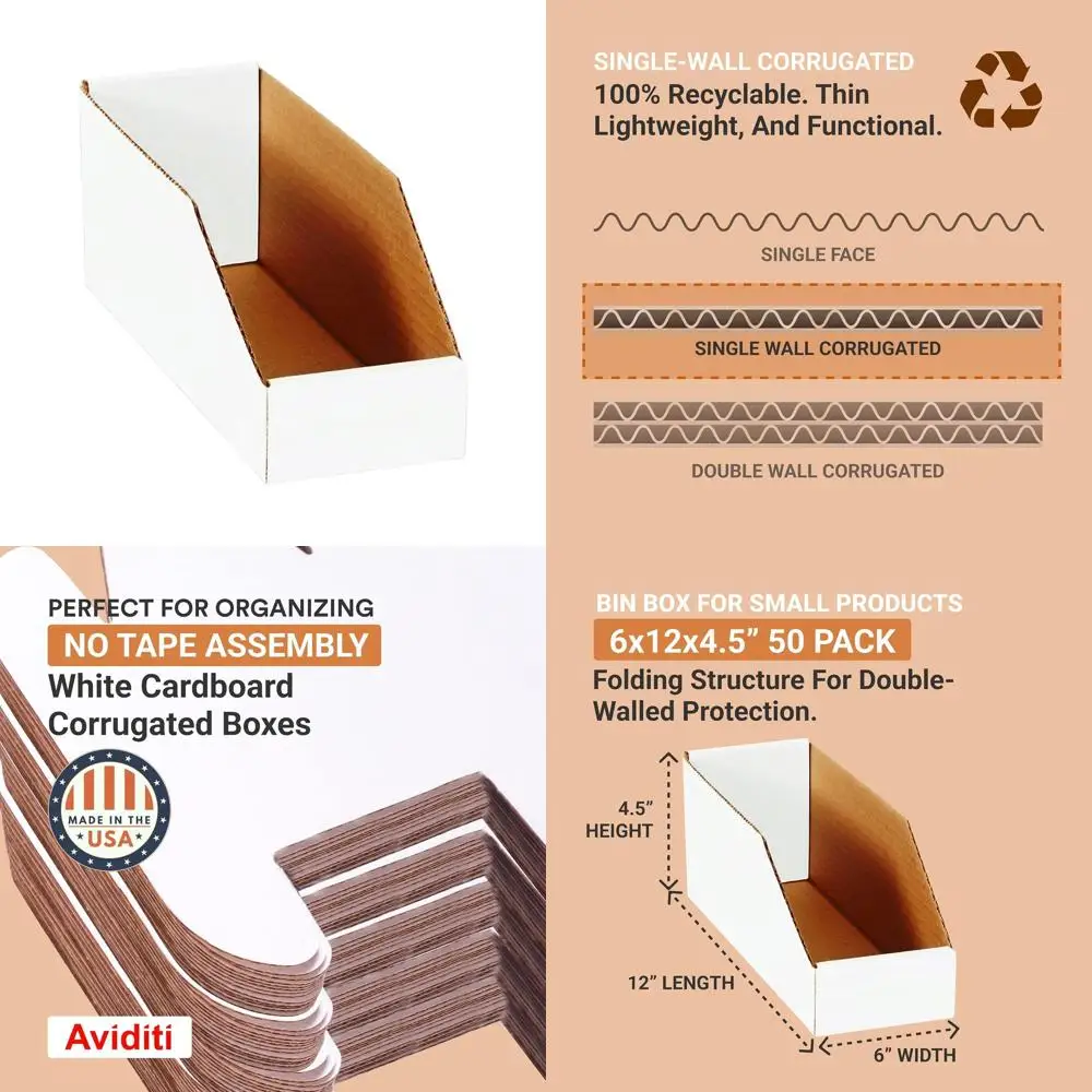 

50-Pack 6x12x4.5 Corrugated Cardboard Storage Bins for Packing and Moving