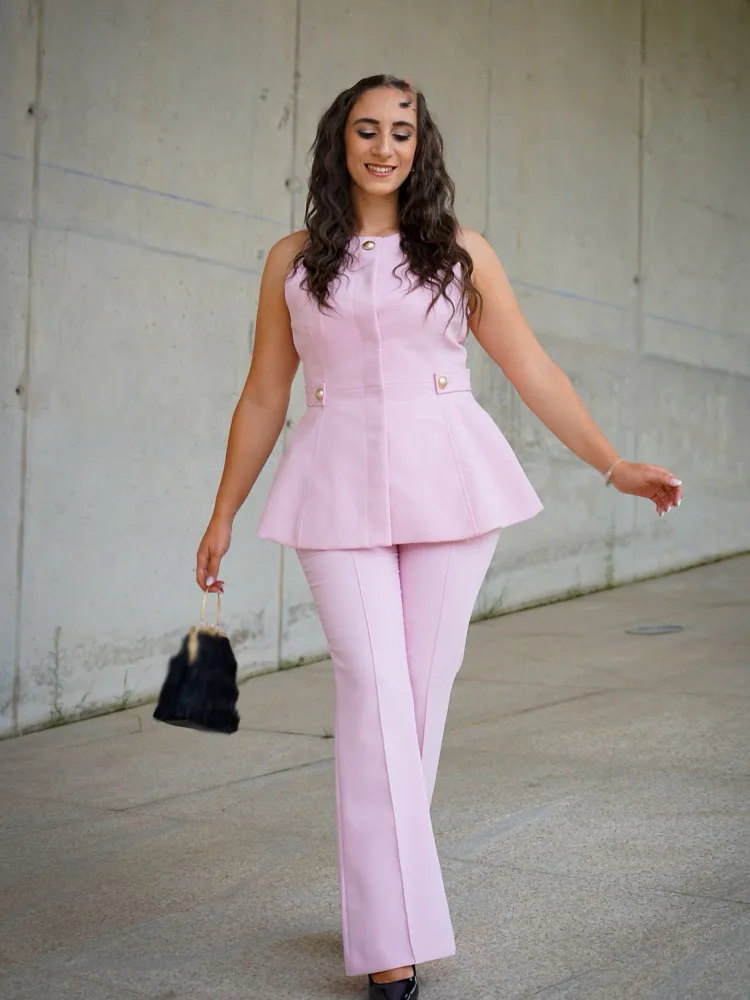 

HH Women's Fashion Suits Pink O-Neck Sleeveless Single-Breasted Vest Tops+High Waist Pockets Zipper Long Pants Female Sets