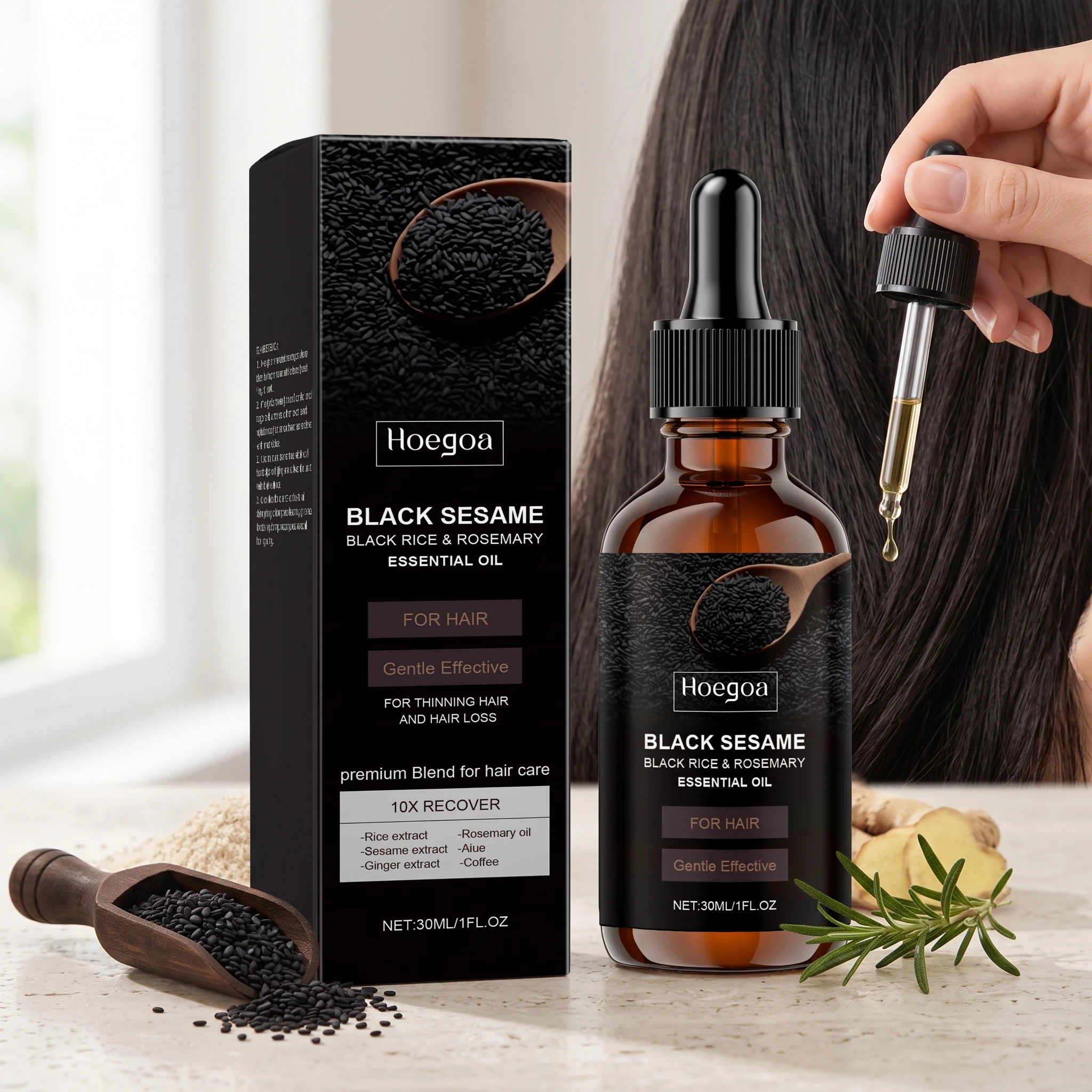 Black Sesame Essential Oil Improve Damaged Split Ends Hairs Nourish Scalp Enhance Softness Luster Voluming Thickening Hair Serum