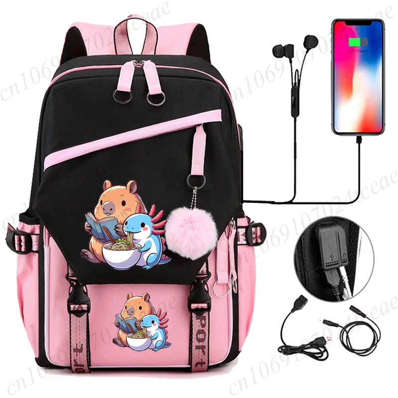 

New Fashion Waterproof College Backpack Axolotl Cartoon Kawaii Eating Noodles Women Laptop School Bags Cute Girl Travel Book Bag
