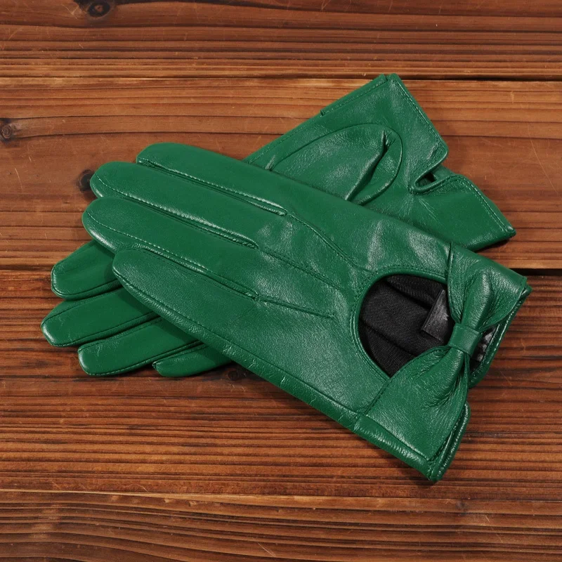 GOURS Winter Real Leather Gloves Women Green Genuine Goatskin Gloves Thin Lined Warm Driving Fashion Rosette Mittens New GSL044