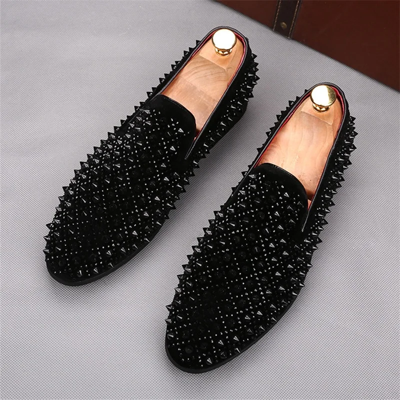 Luxury Fashion Men Rivet Rhinestone Patchwork Casual Shoes Male Flats Loafers Homecoming Wedding Dress Prom Zapatillas Hombre