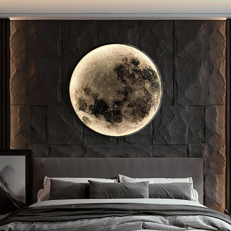 

Led Moon Painting Wall Lamp Luxury Remote Control Fixture Lights For Bedroom Living Dining Room Wall Background Light Decor