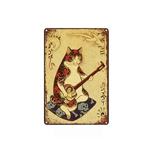 RIFOSA Japanese Samurai Cat Tattoo Wall Art Vintage Metal Tin Signs 12x8 Inches