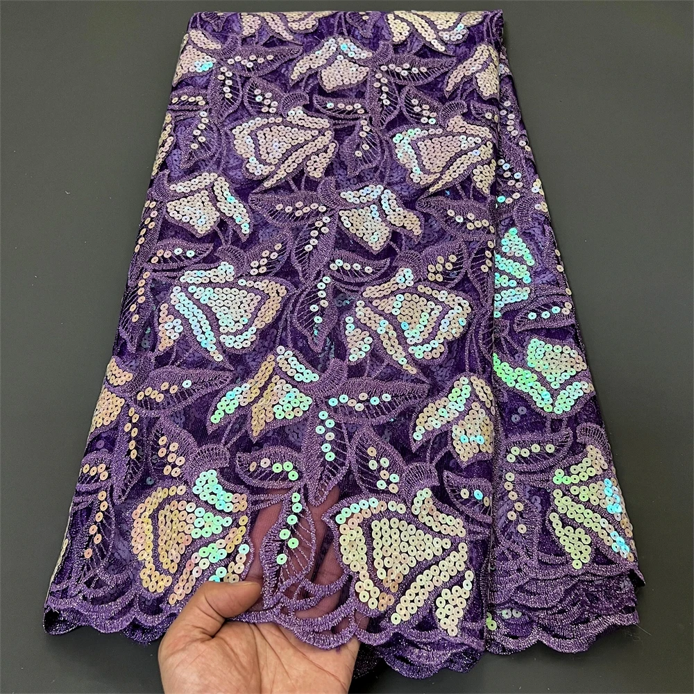 

High Quality Latest 2025 African Nigerian Tulle Lace Fabric Sequins Embroidery Dresses Beads Sewing Guipure Prom 5Yards PS0022