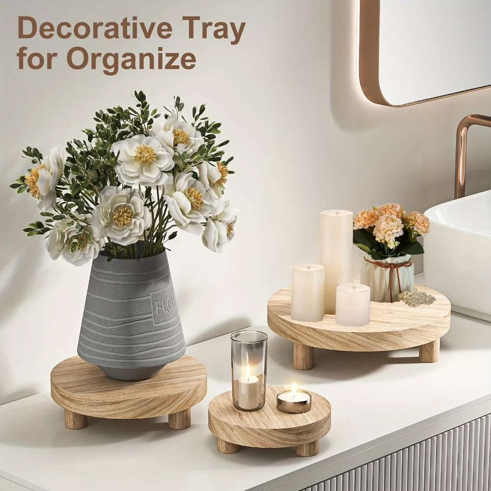 Set di 3 Supporti Espositivi in Legno Rotondi, Piedistalli Rustici per Candele, Piante, Tazze, Decorazioni per Casa e Tavolo, Stile Fattoria Retrò