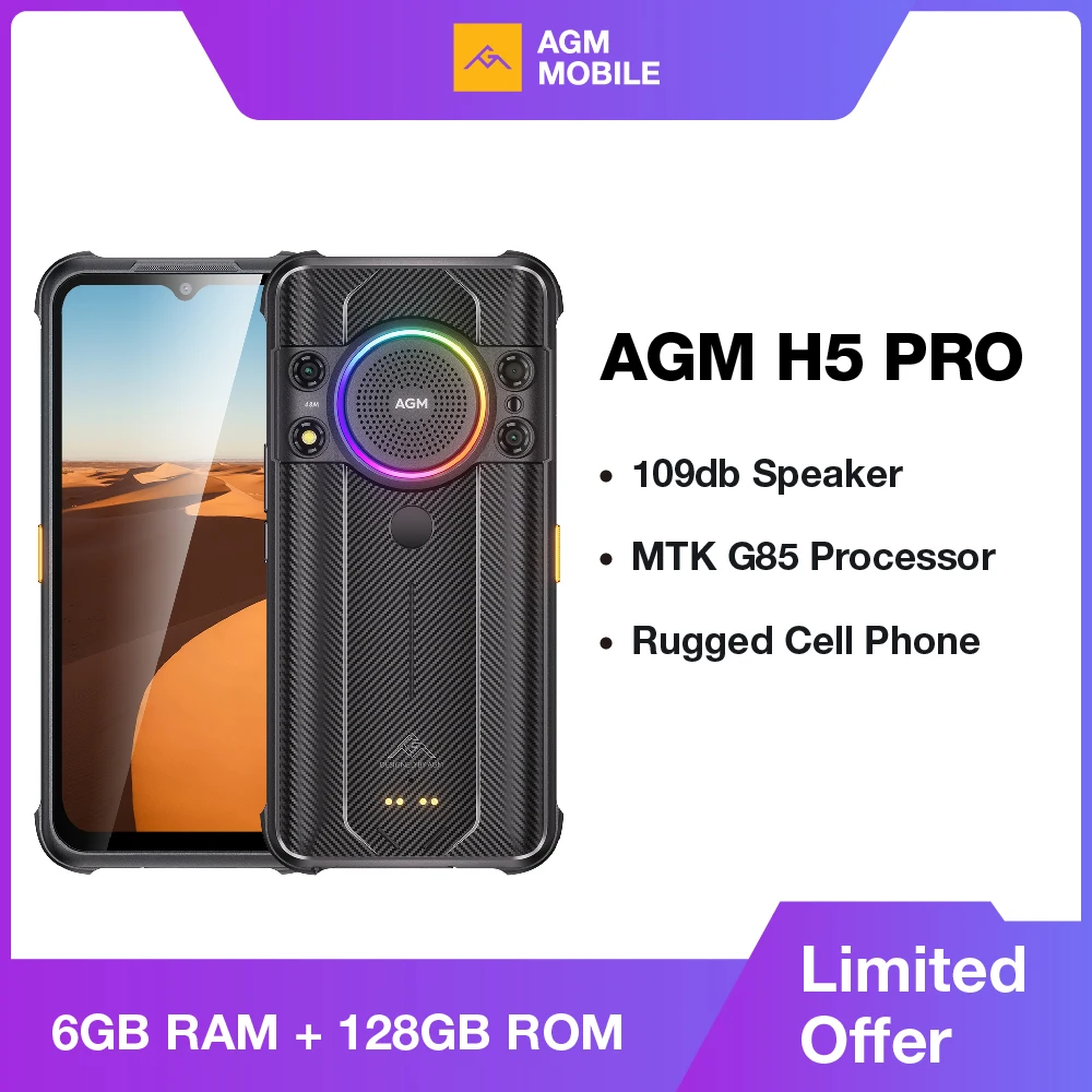 AGM H5 Pro Rugged Helio G85 Smartphone, 6.56" HD+, 6GB+128GB, 48MP Camera, 7000mAh with NFC/IP68, 109dB Speaker and Night Vision