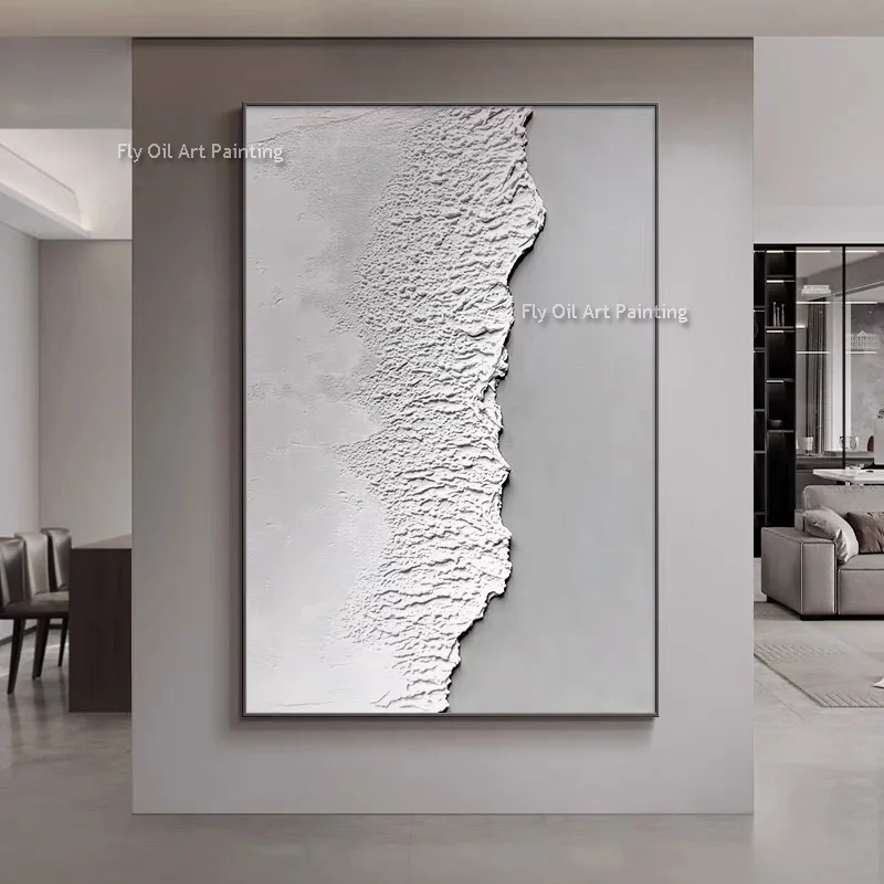 Gray And White Abstract Thick Canvas Oil Painting Handpainted Black White Seawave Wall Art For Living Room Decor Simple Artwork