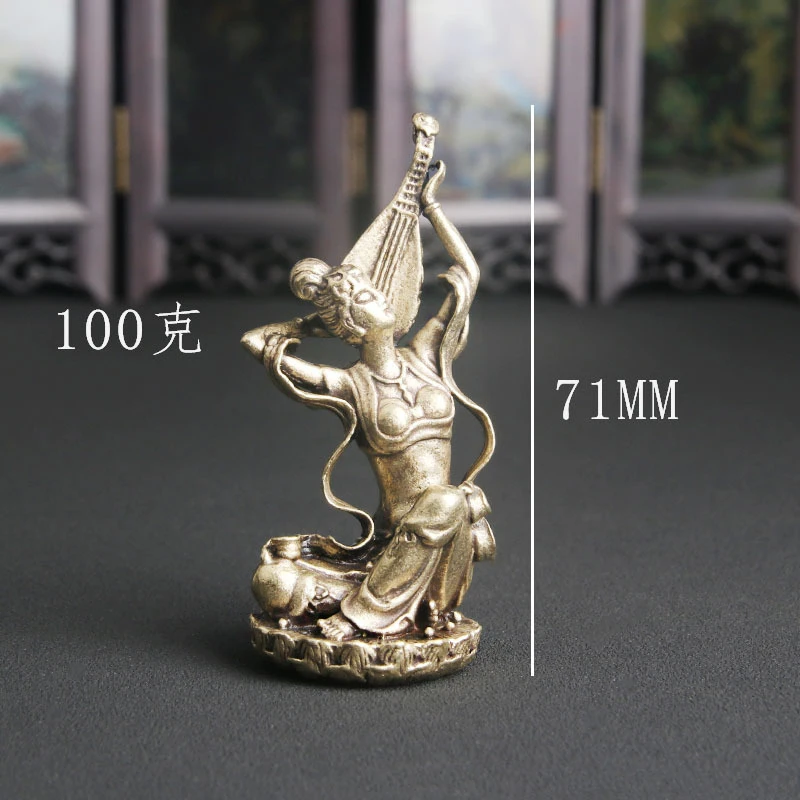 Vintage Brass Dunhuang Apsara Bronze Statue Desktop Ornament, Lady Playing The Pipa Figurine, Chinese Style Decorative Craft Who
