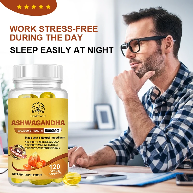 Ashwagandha Capsules, 5 in1 Equivalent to 5000mg Combined with Turmeric, Black Pepper,Rhodiola & Rosemary Support Mood and Sleep