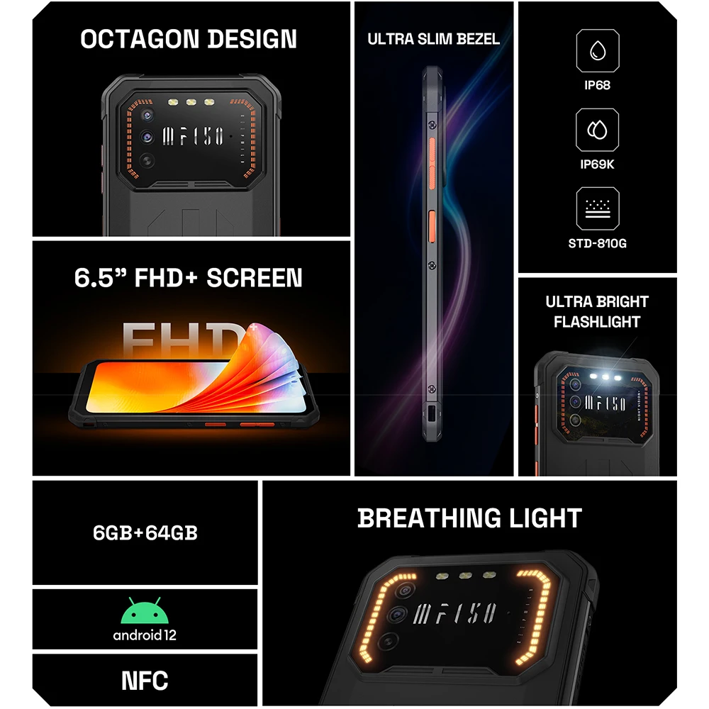 IIIF150 Air1 6.5‘’ FHD+ Rugged Phone IP68&IP69K 6GB +64GB Octa Core Cellphone 20MP Camera Android 12 OS 5000mAh Smartphone NFC