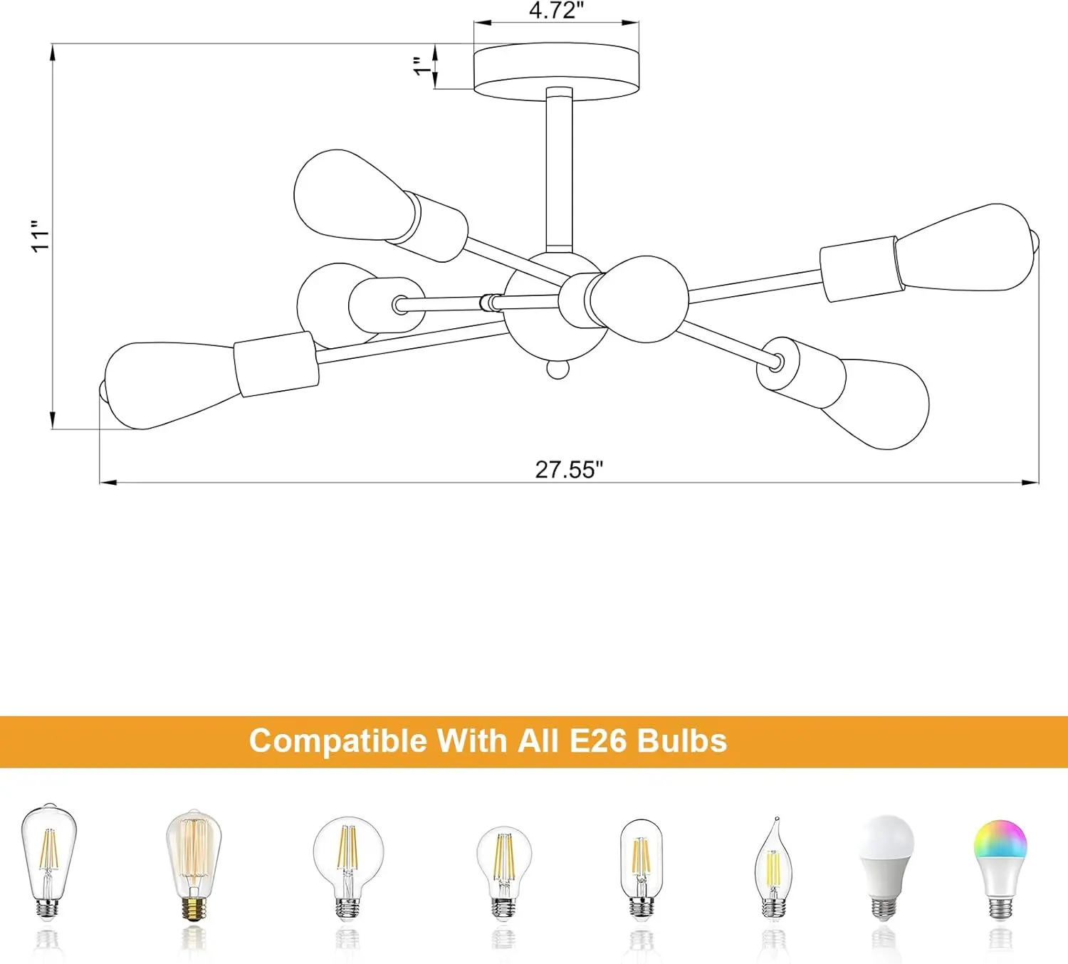 Modern Semi Flush Mount Ceiling Light Fixture Black And Gold Close To Ceiling Light 6-Light Sputnik Chandelier Light Fixture