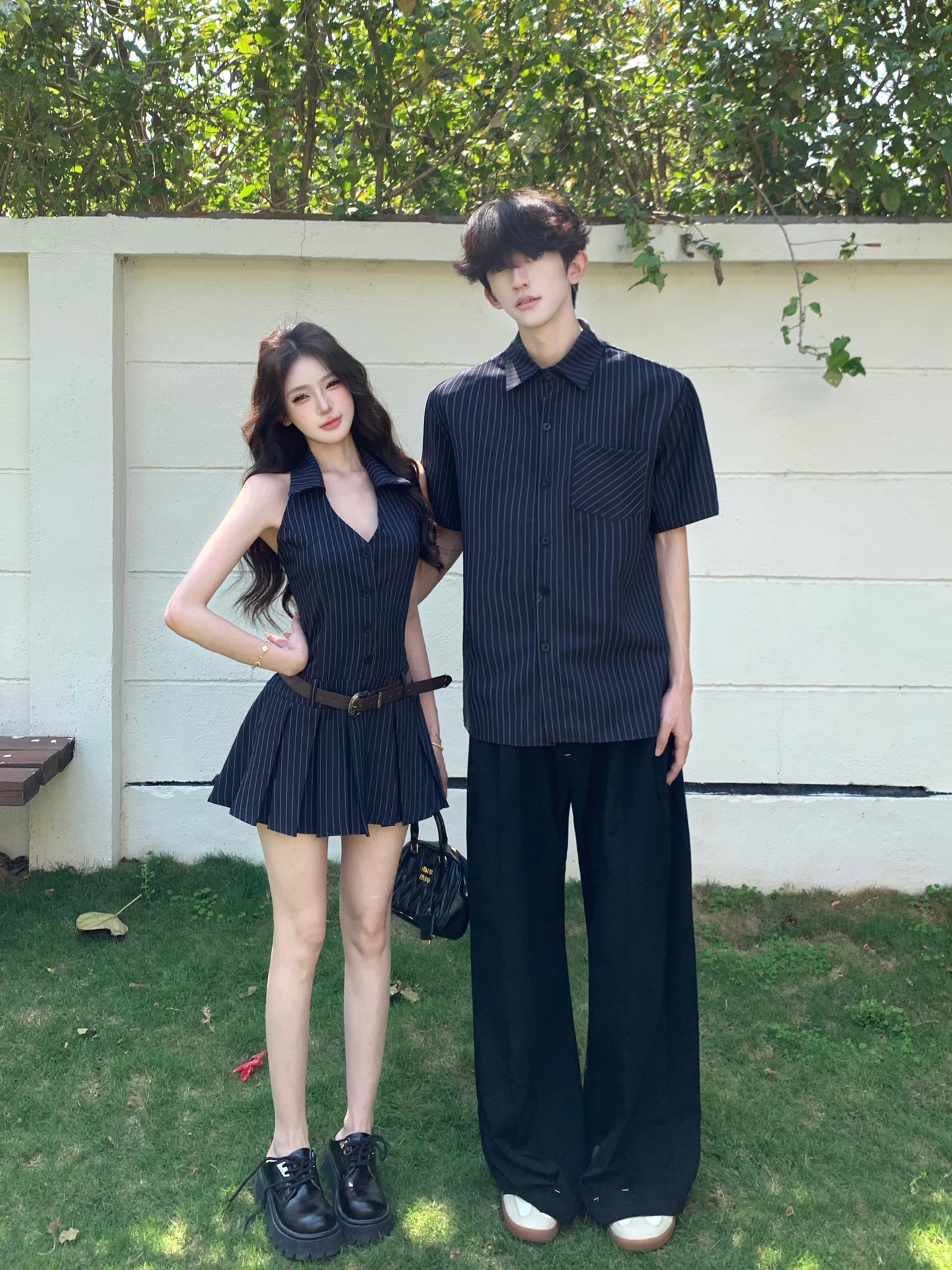 

Couple's Summer Short Sleeve Striped Shirt Slimming Waist Hanging Neck Short Skirt Dress French Style Standard Fit No Brand